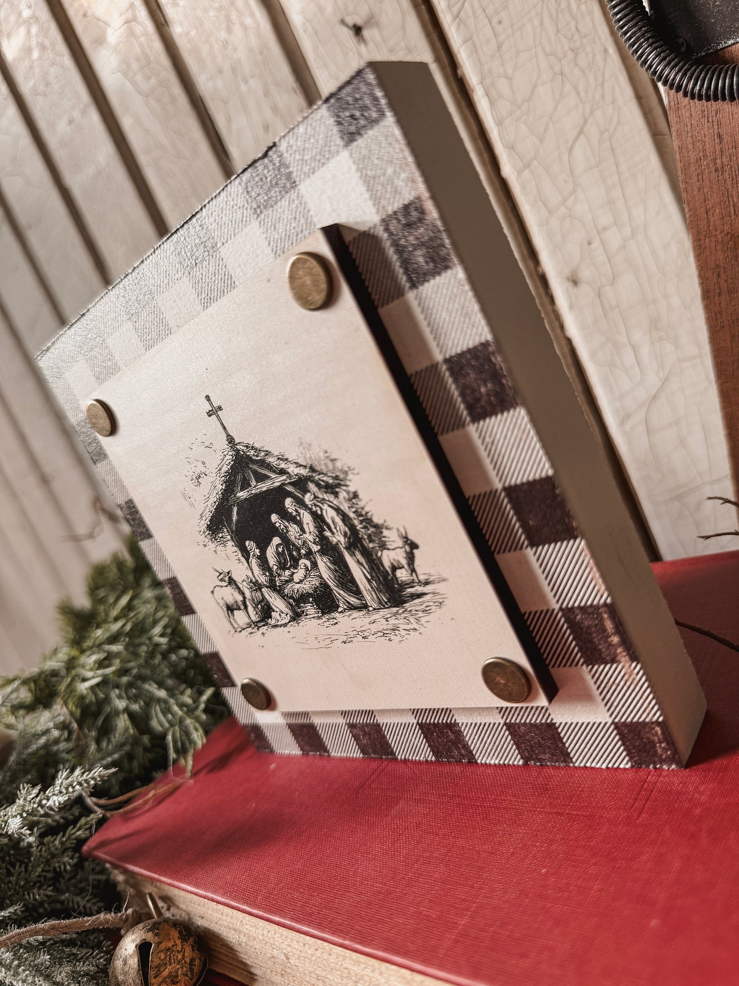 Black/White Nativity Mini Wood Block