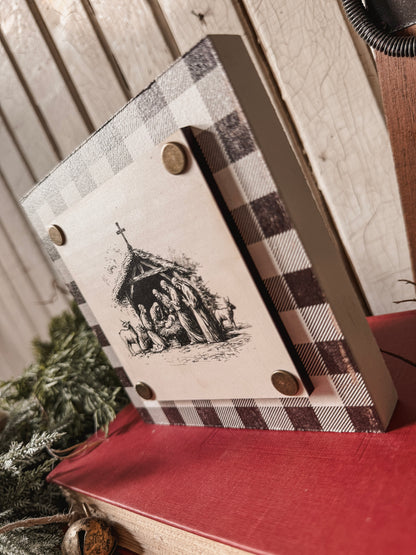 Black/White Nativity Mini Wood Block
