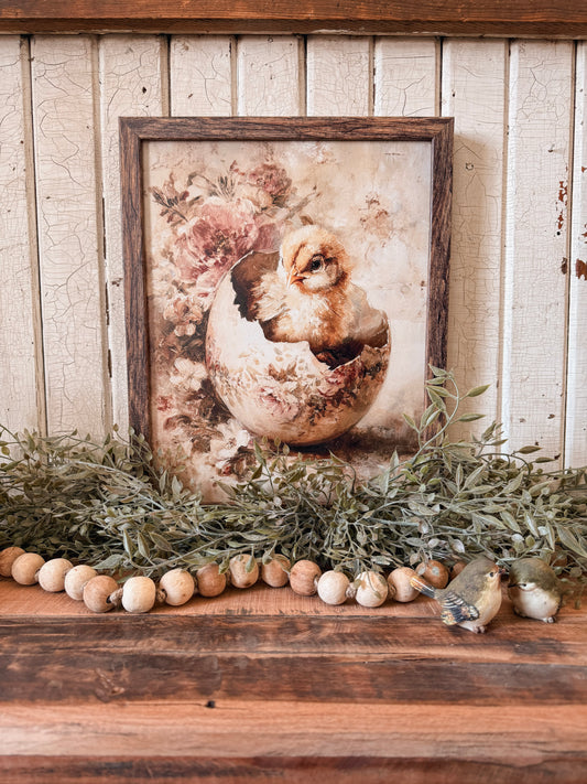 Baby Chick in Vintage Flower Egg Wood Sign