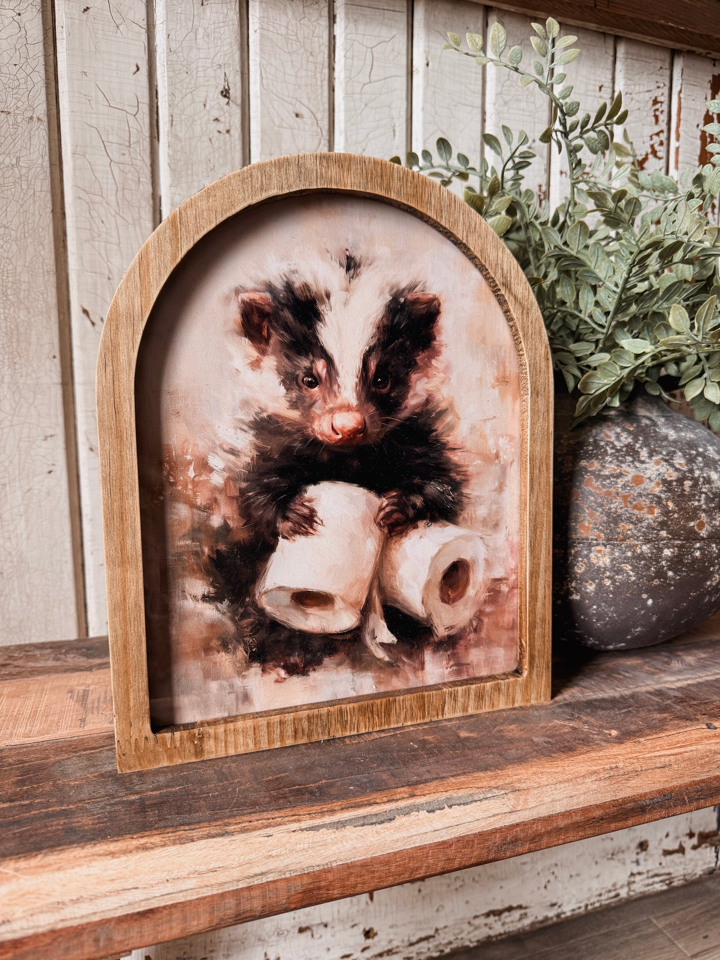Skunk with Toilet Paper Funny Framed Arched Print