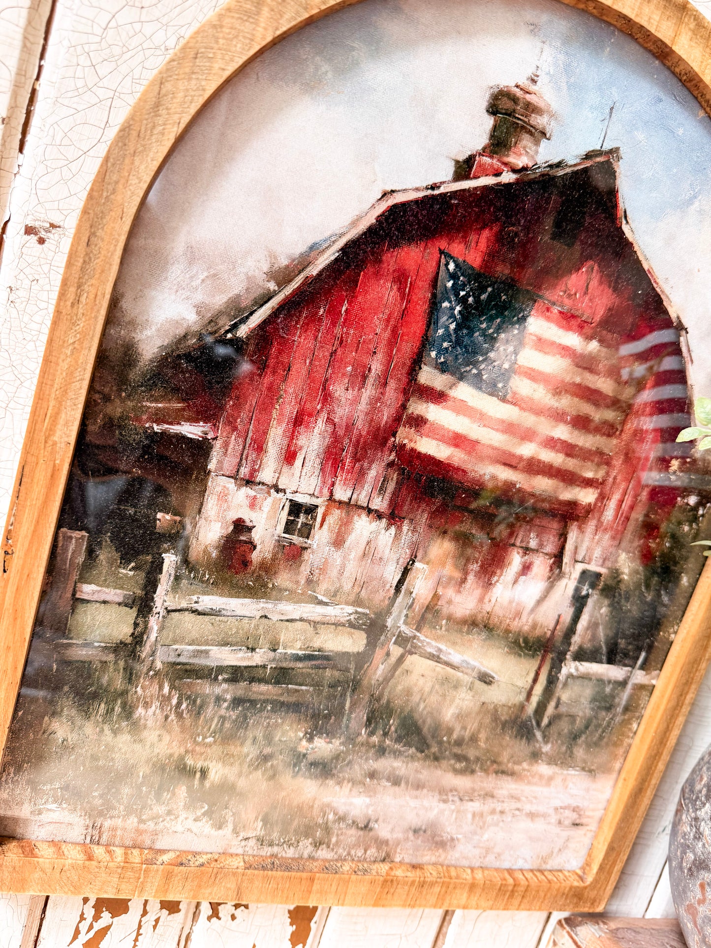Red Barn with Flag Framed Arched Print