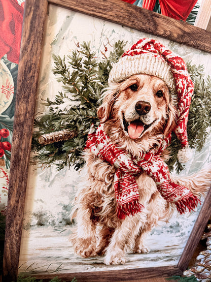 Colorful Golden Retriever Christmas Wood Sign