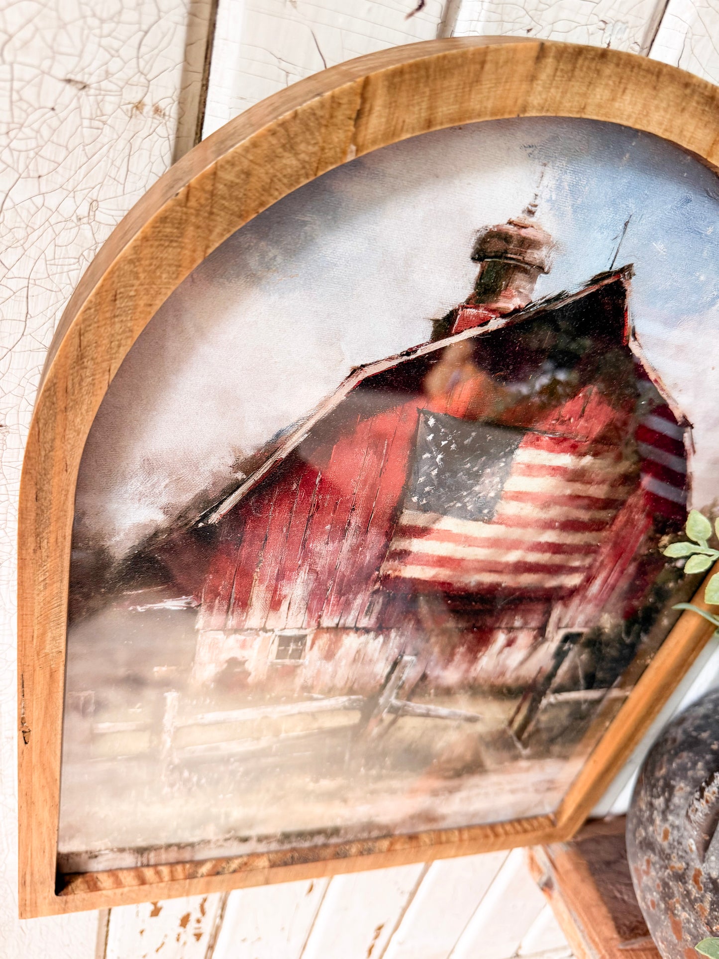 Red Barn with Flag Framed Arched Print