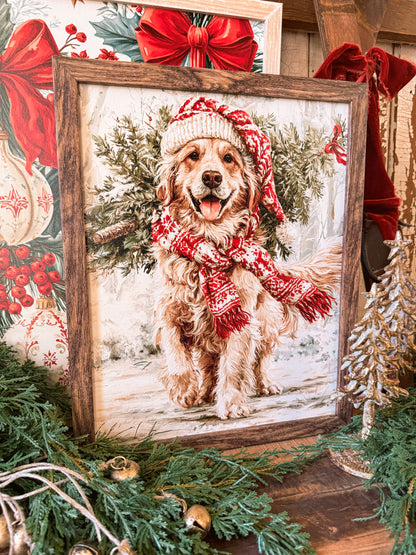 Colorful Golden Retriever Christmas Wood Sign