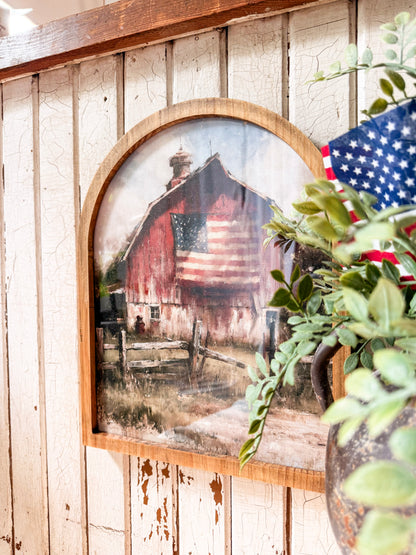 Red Barn with Flag Framed Arched Print