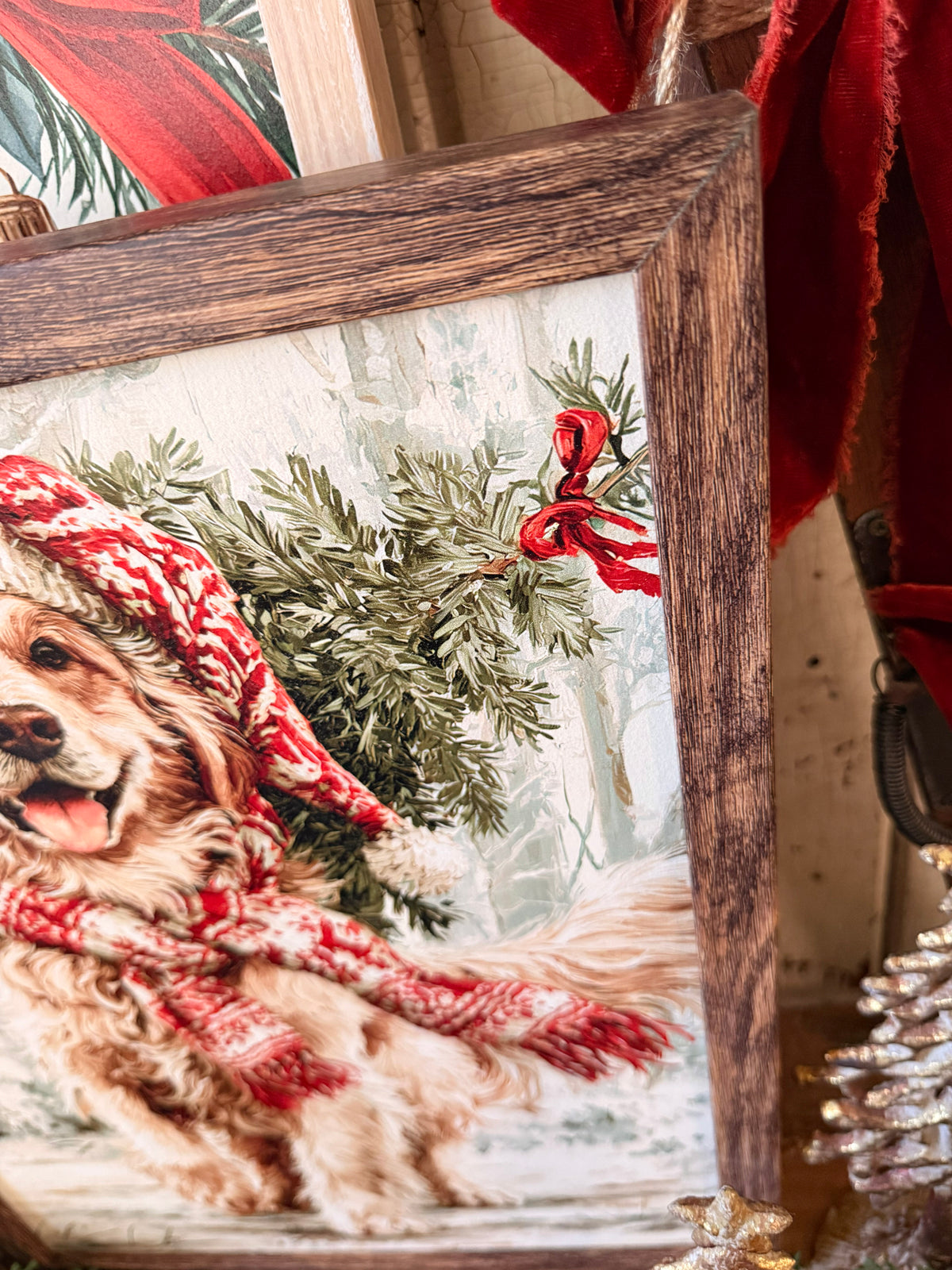 Colorful Golden Retriever Christmas Wood Sign