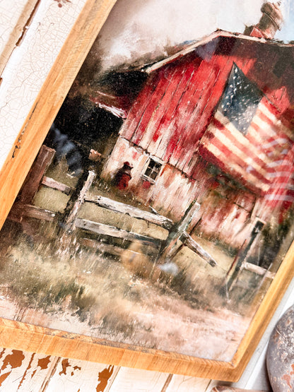 Red Barn with Flag Framed Arched Print