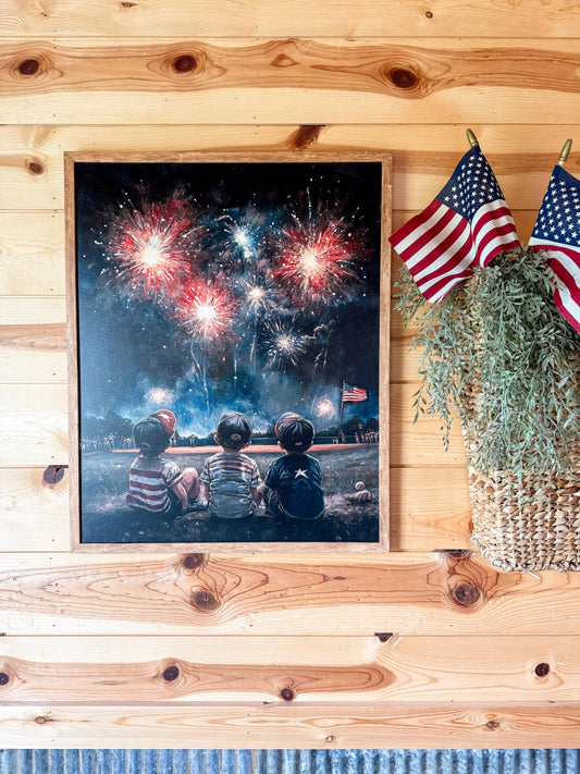 Three Boys & Fireworks Vintage Art Print