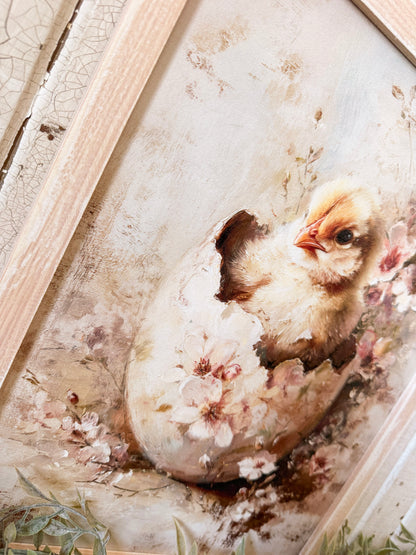 Baby Chick in Vintage Flower Egg Wood Sign