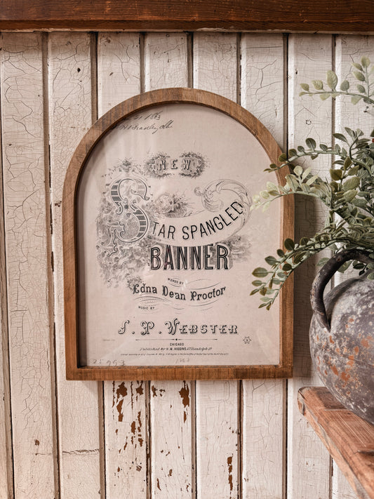 Star Spangled Banner Vintage Black & White Framed Arched Print