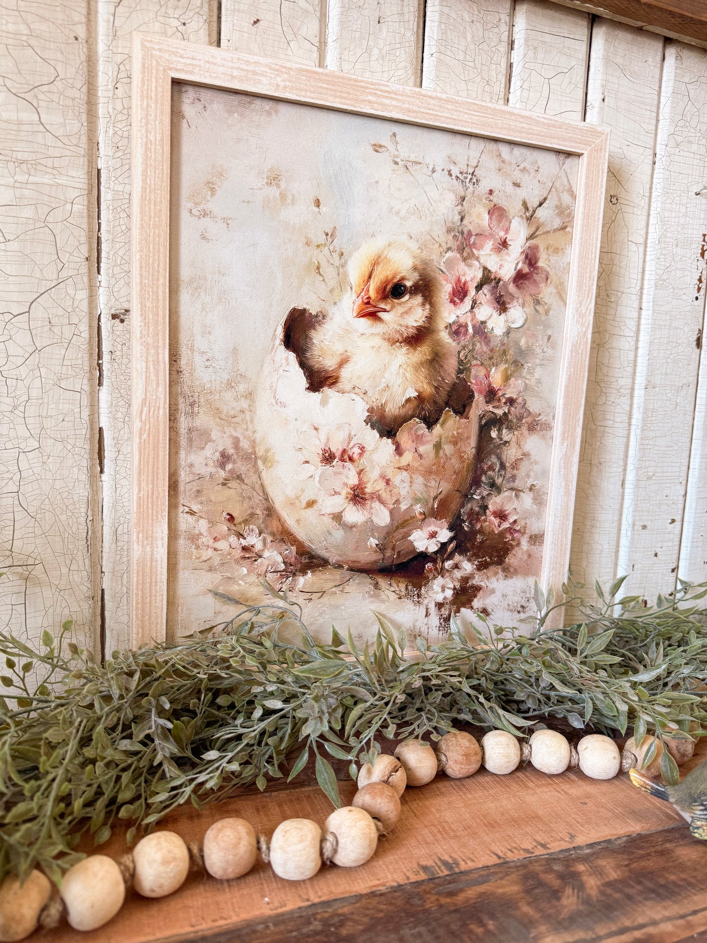 Baby Chick in Vintage Flower Egg Wood Sign