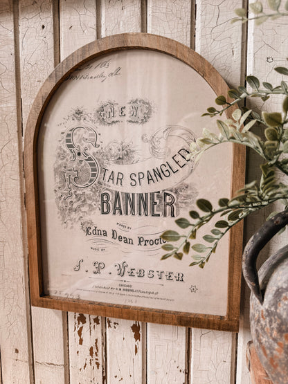 Star Spangled Banner Vintage Black & White Framed Arched Print