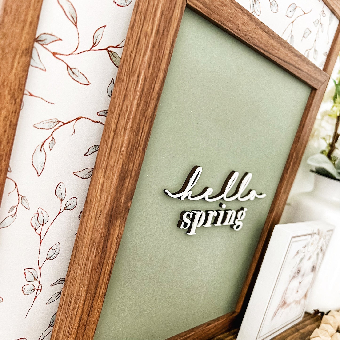 Hello Spring Green Background Wood Sign