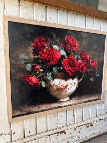 Red Roses in Vintage Vase Wood Sign