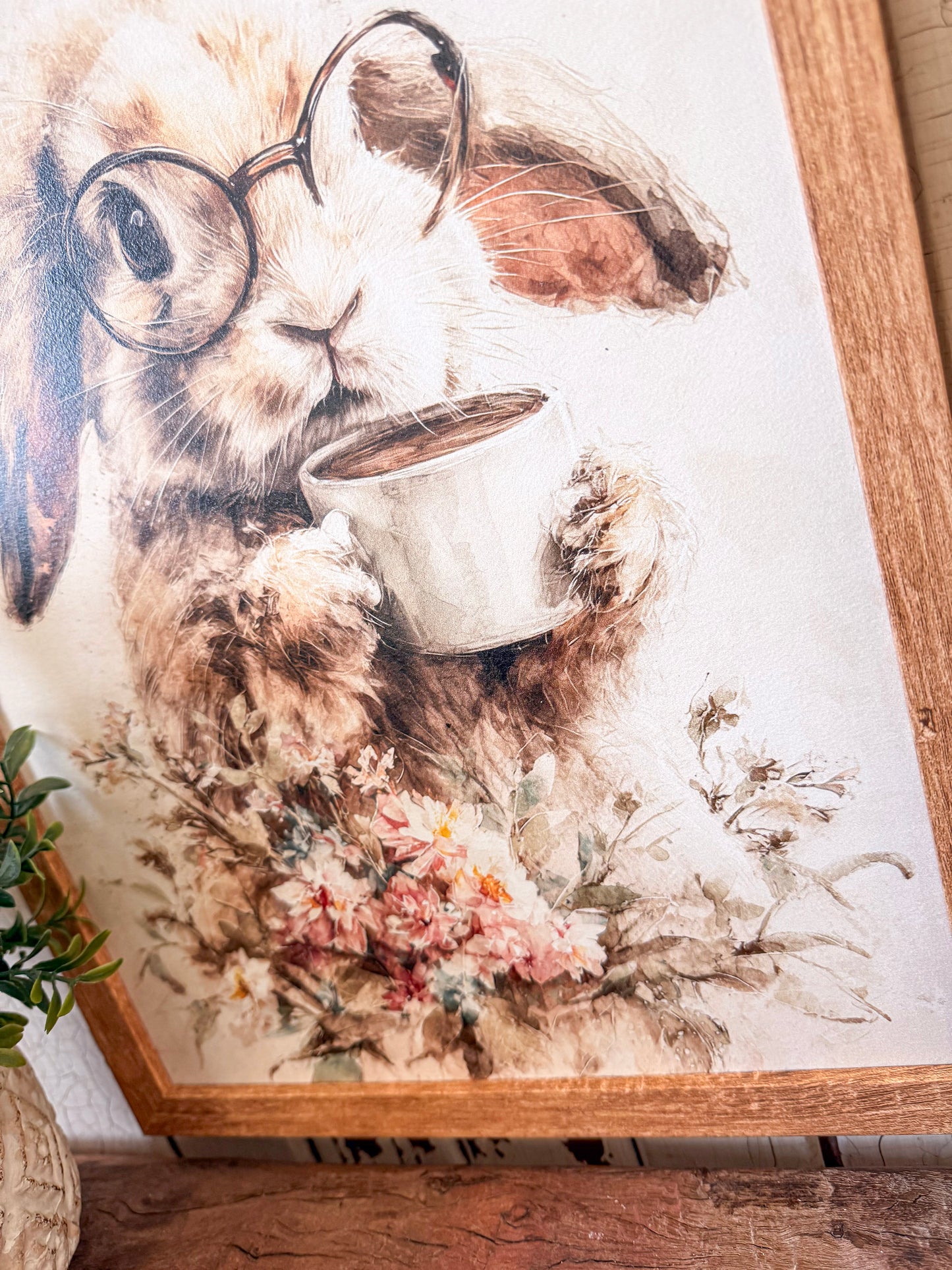 Bunny with Glasses & Coffee Cup Wood Sign