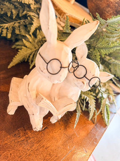Bunny & Pig with Glasses on Bench