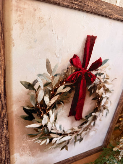 Christmas Wreath with Red Bow Wood Sign