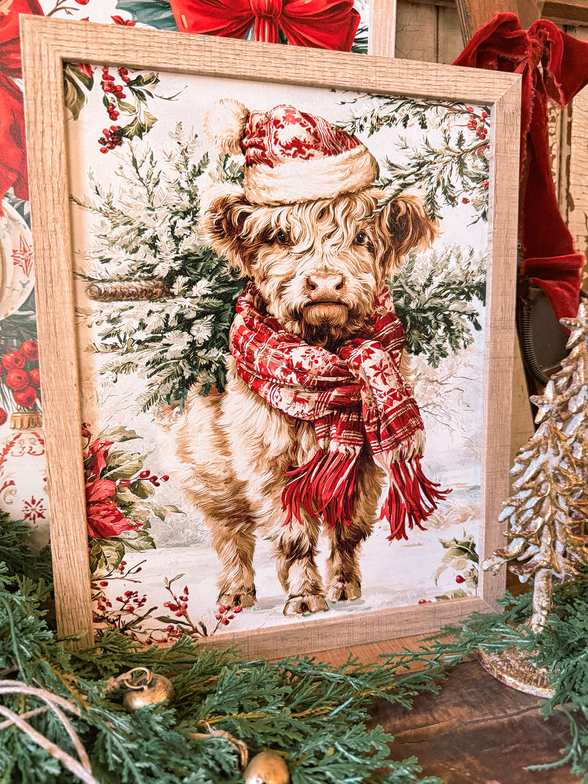 Colorful Highland Cow Christmas Wood Sign