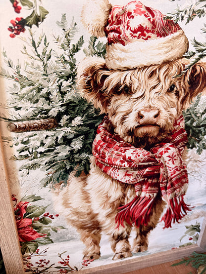 Colorful Highland Cow Christmas Wood Sign