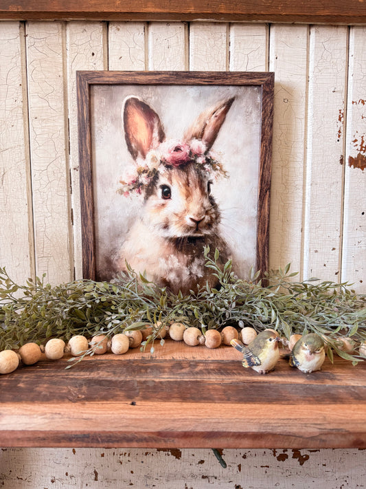 Vintage Bunny with Flower Crown Wood Sign