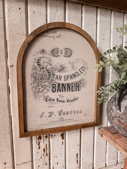 Star Spangled Banner Vintage Black & White Framed Arched Print