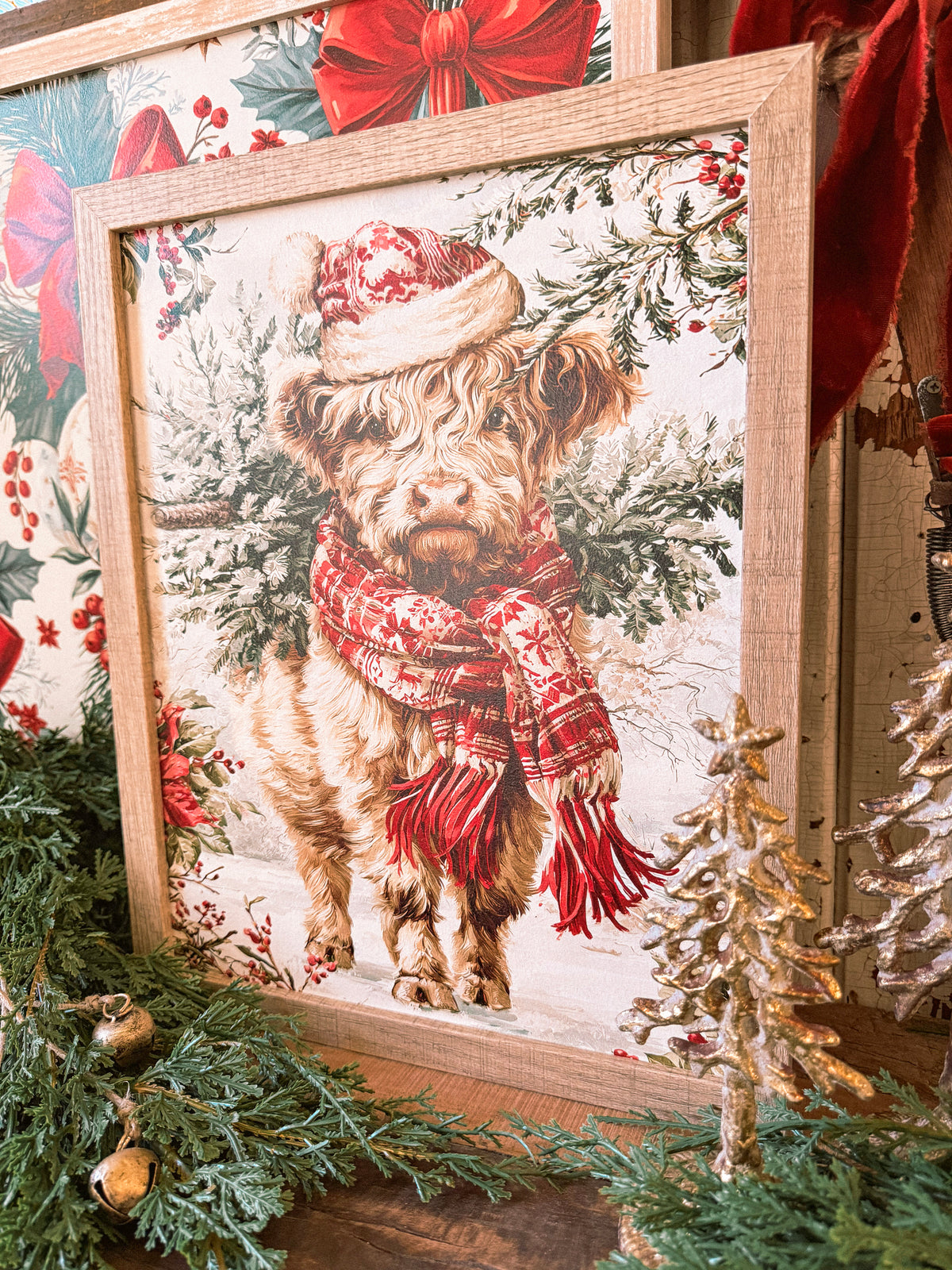 Colorful Highland Cow Christmas Wood Sign