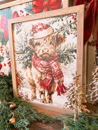 Colorful Highland Cow Christmas Wood Sign