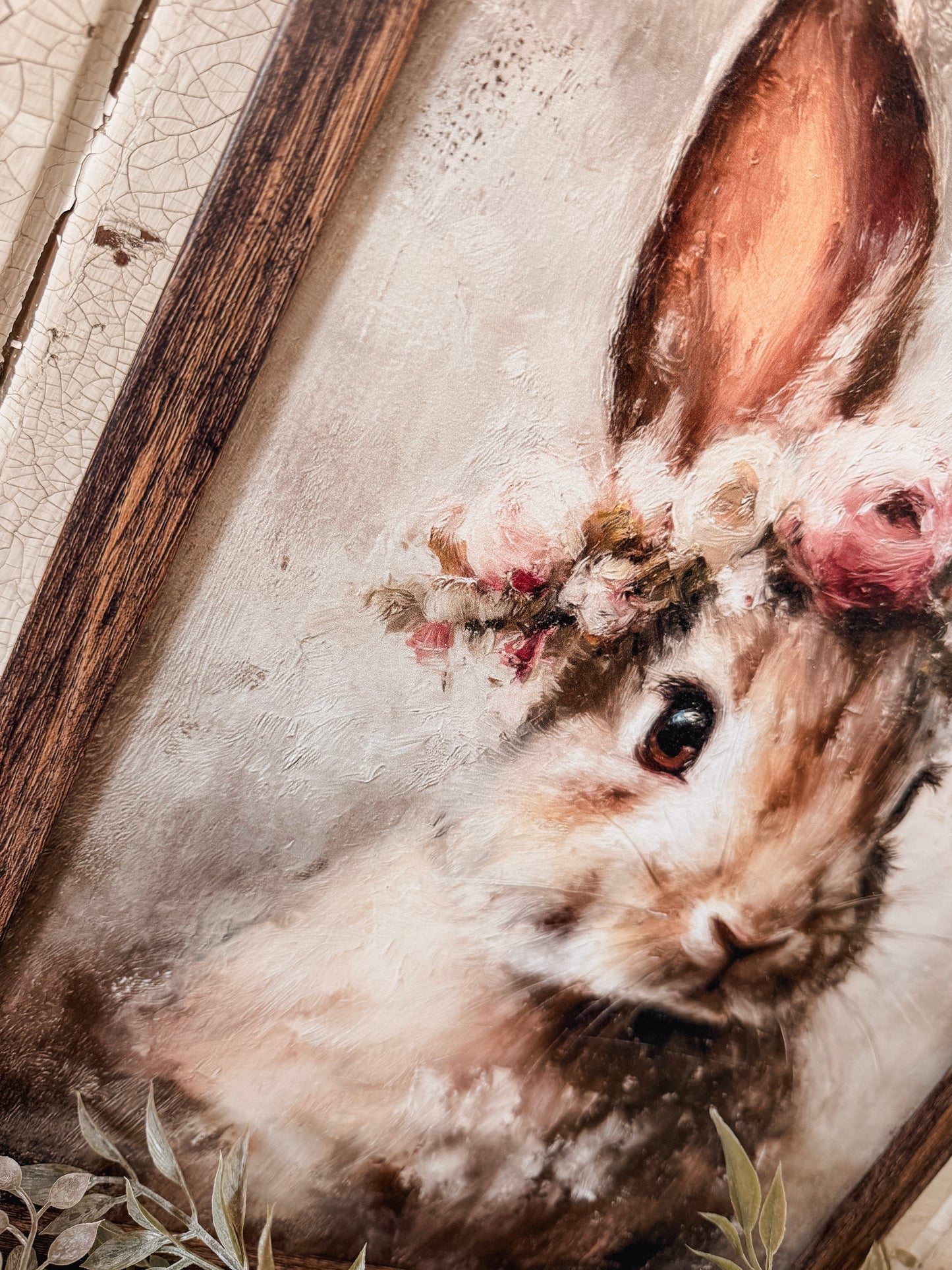 Vintage Bunny with Flower Crown Wood Sign