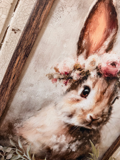 Vintage Bunny with Flower Crown Wood Sign