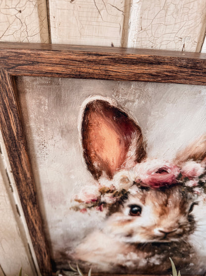 Vintage Bunny with Flower Crown Wood Sign