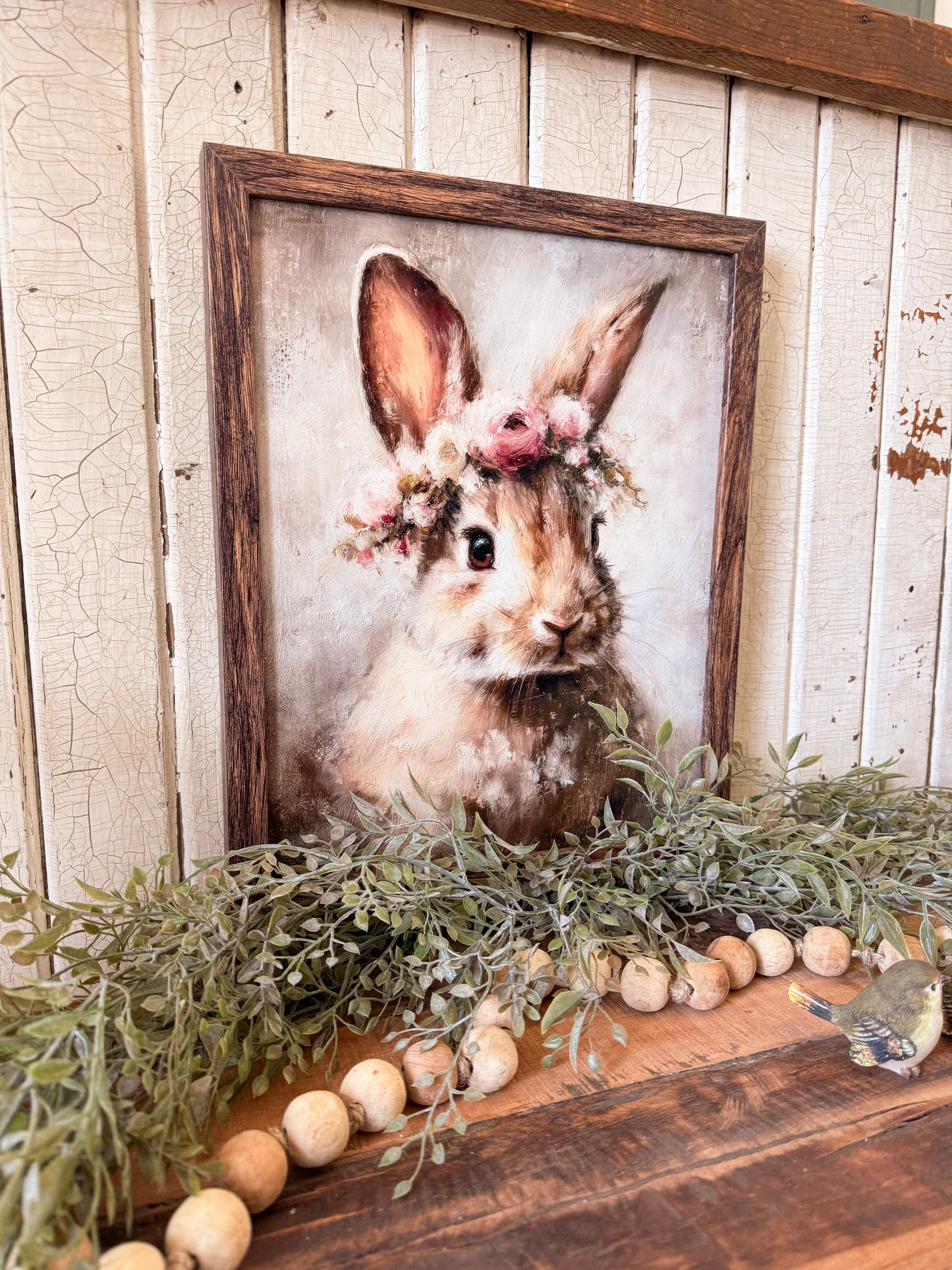 Vintage Bunny with Flower Crown Wood Sign
