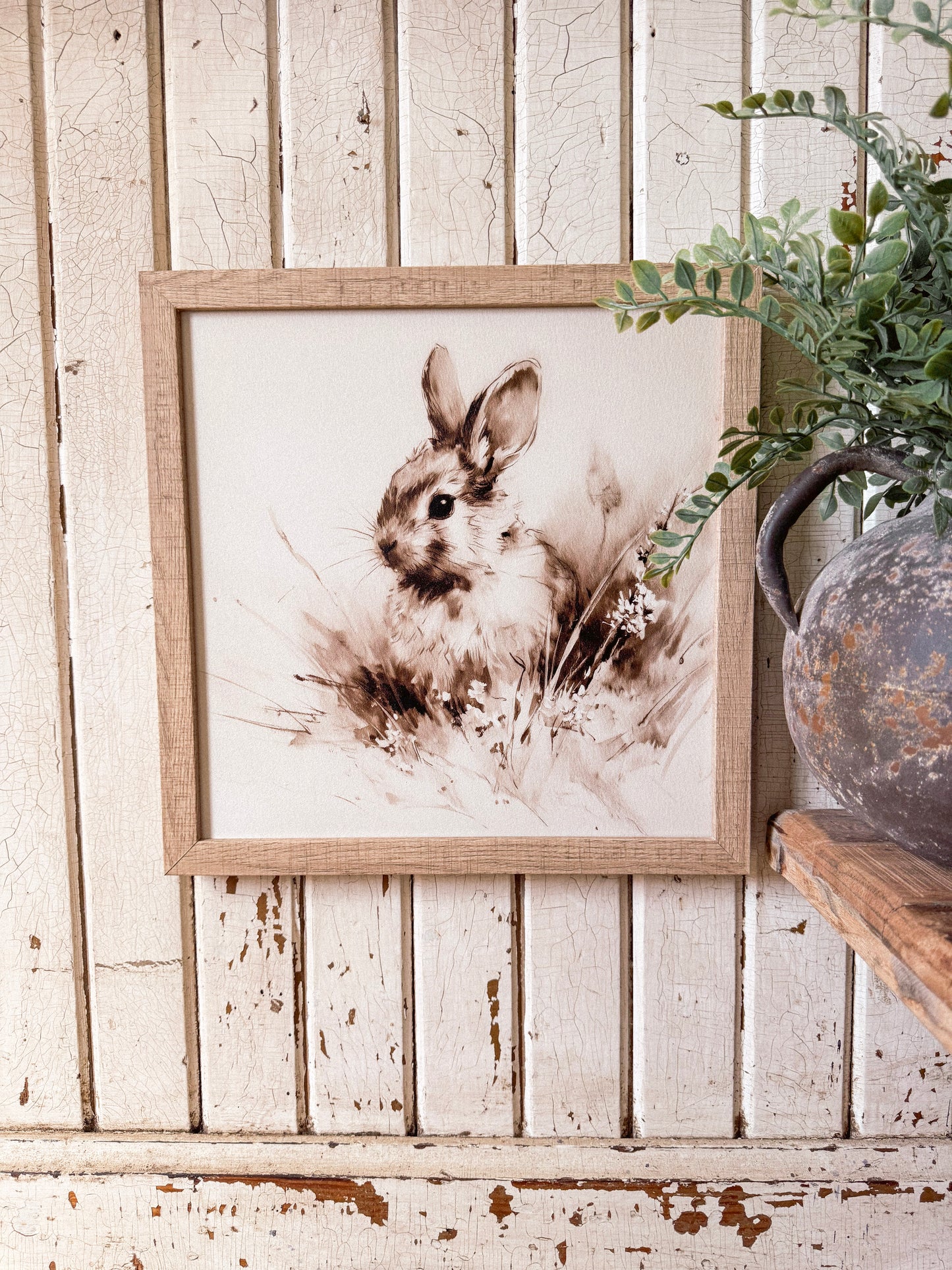 Vintage Rabbit in Grass Spring Wood Sign