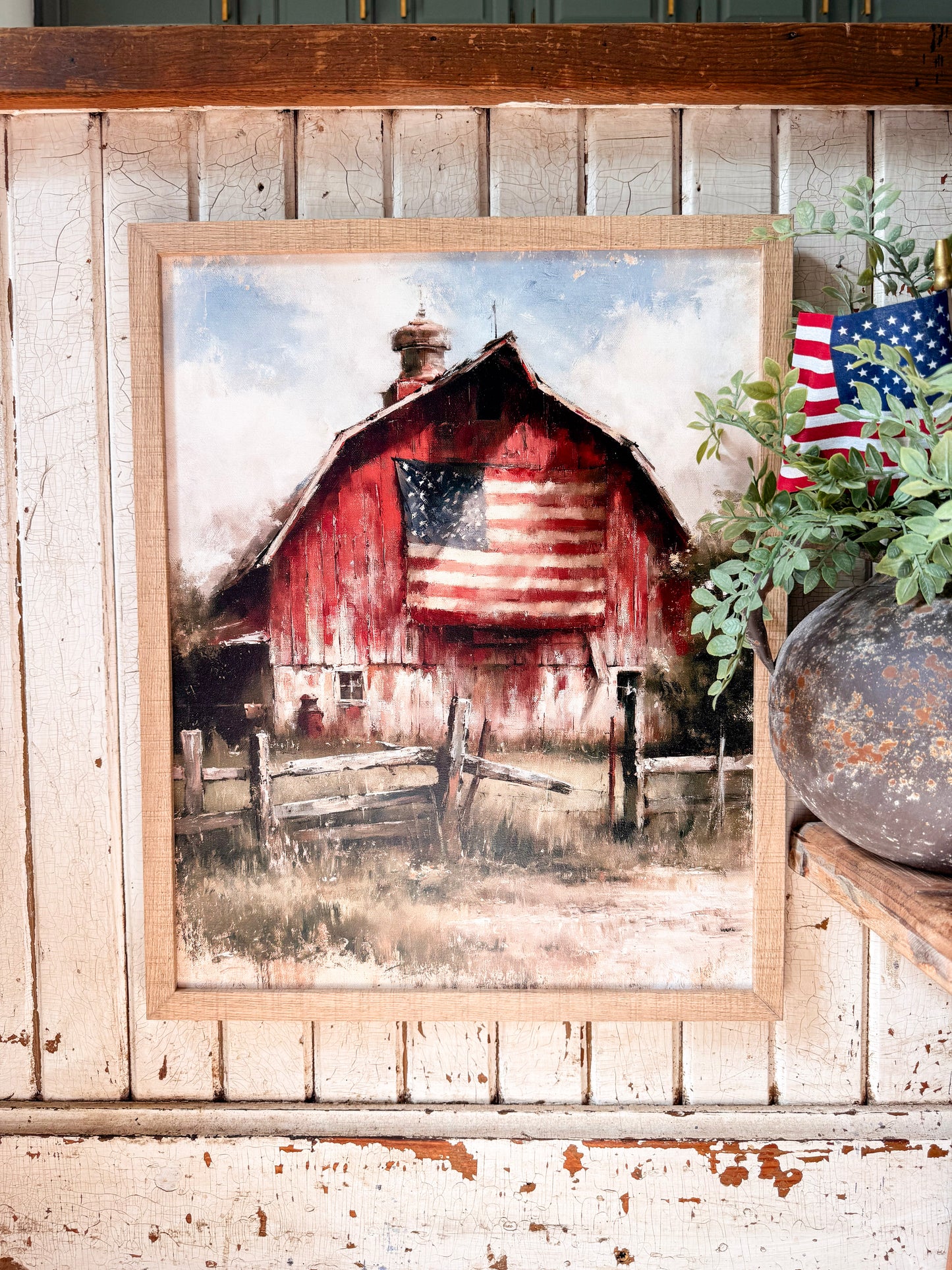 Red Barn with American Flag Wood Sign