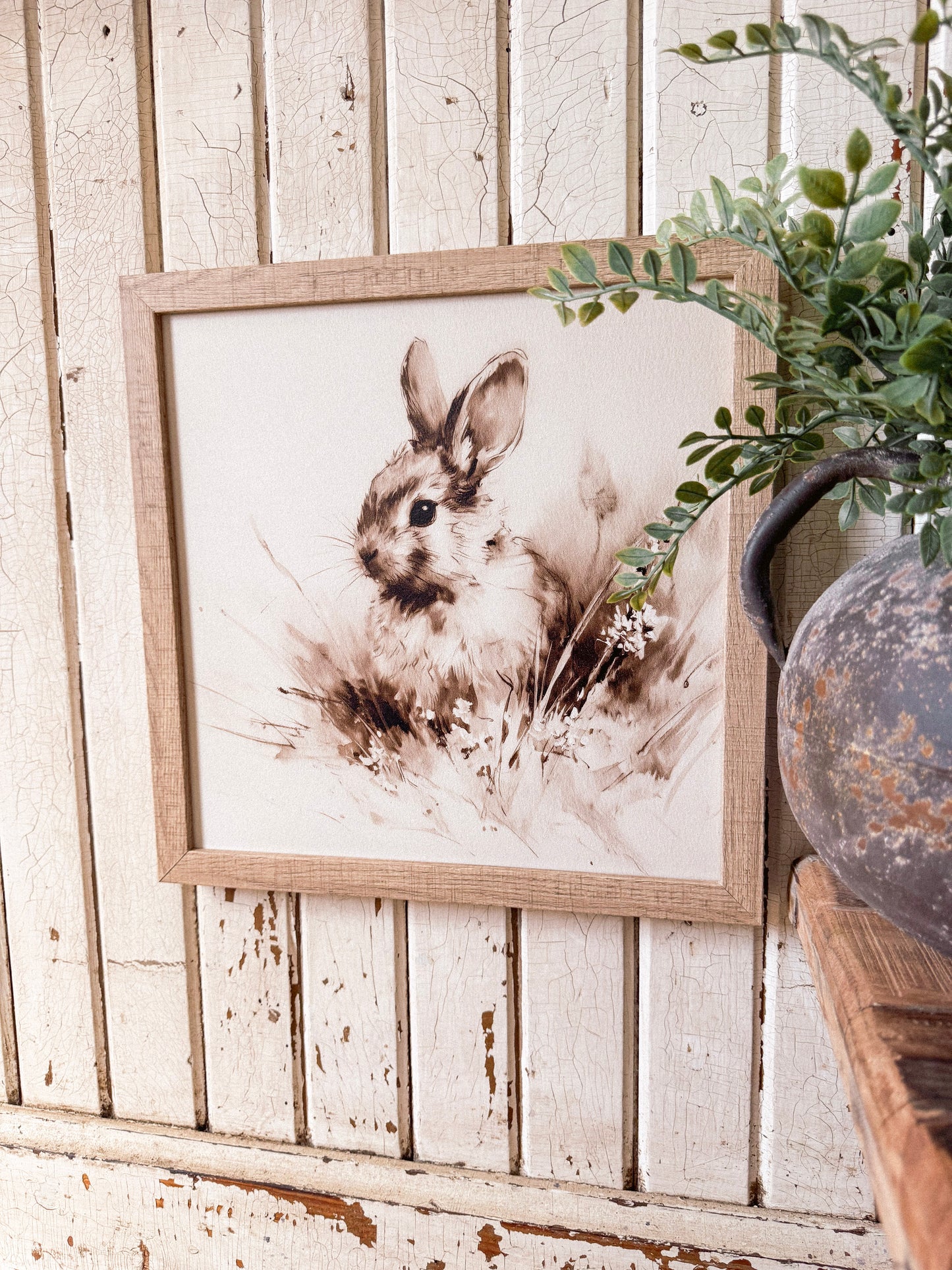 Vintage Rabbit in Grass Spring Wood Sign