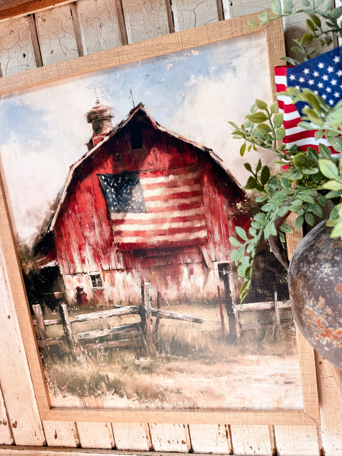 Red Barn with American Flag Wood Sign