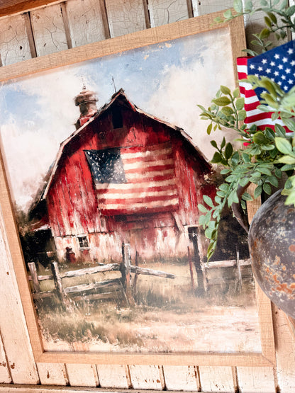 Red Barn with American Flag Wood Sign