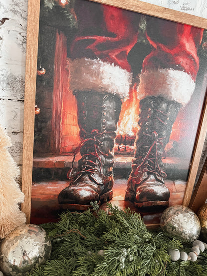 Santa Boots by Fireplace Wood Sign