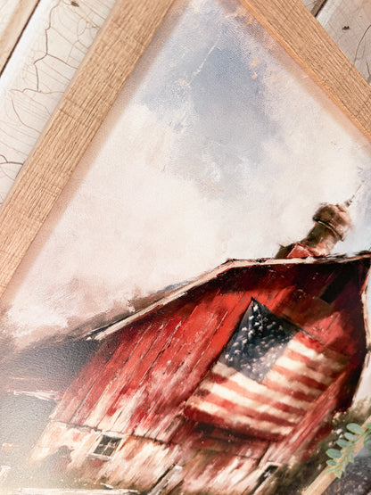 Red Barn with American Flag Wood Sign