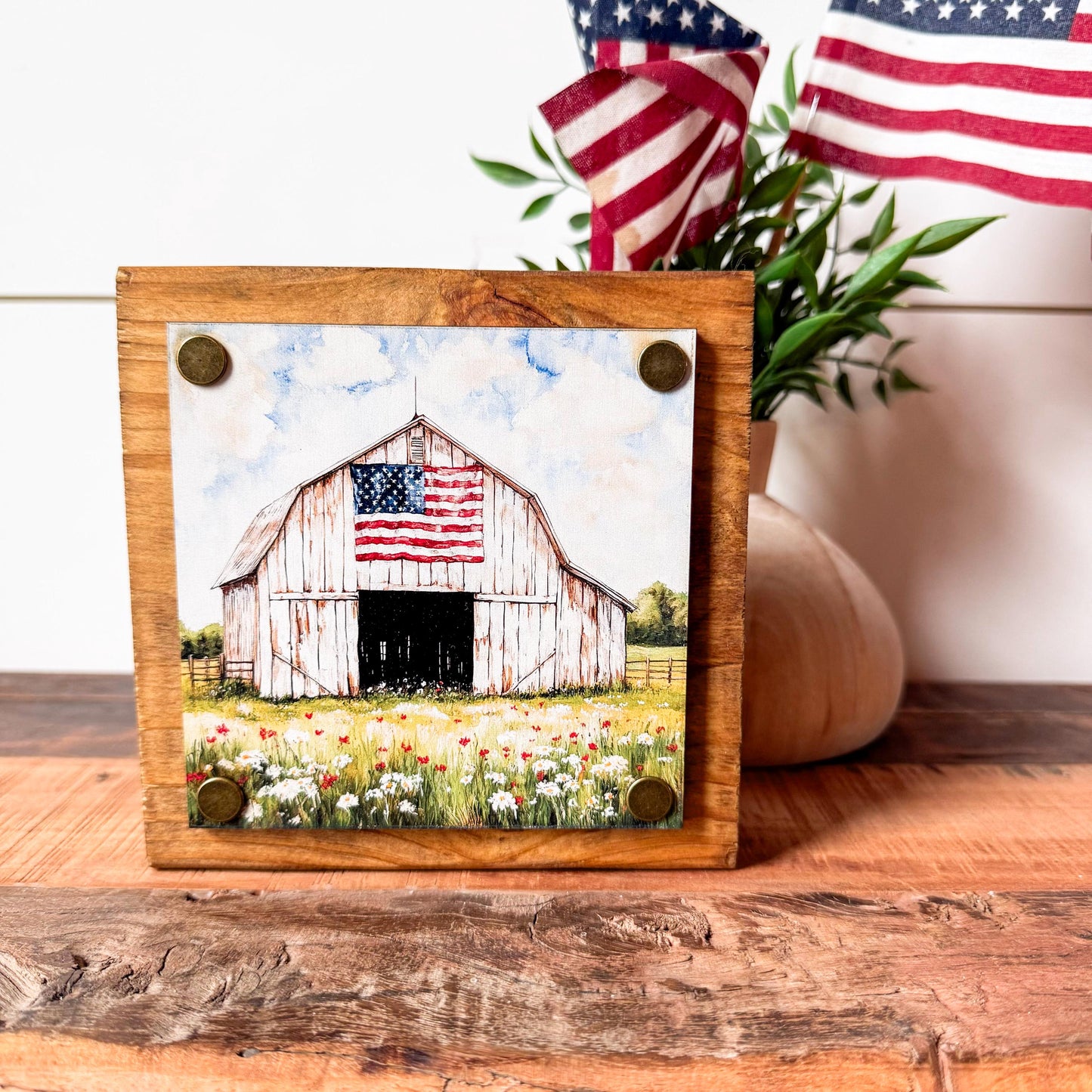 White Barn American Flag Mini Wood Block