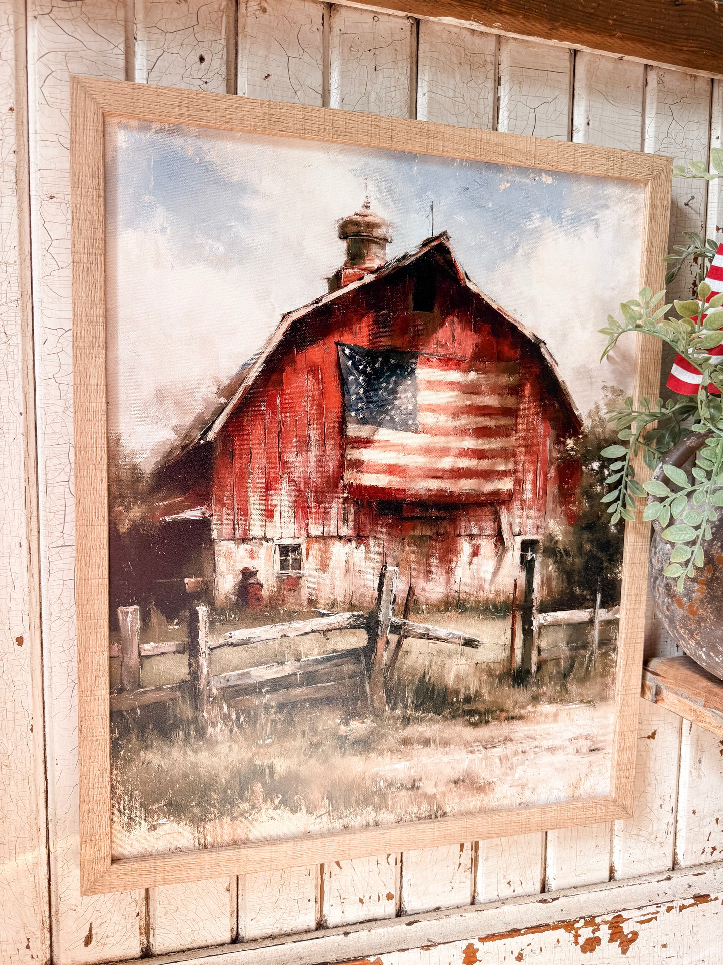 Red Barn with American Flag Wood Sign