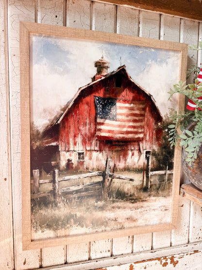 Red Barn with American Flag Wood Sign