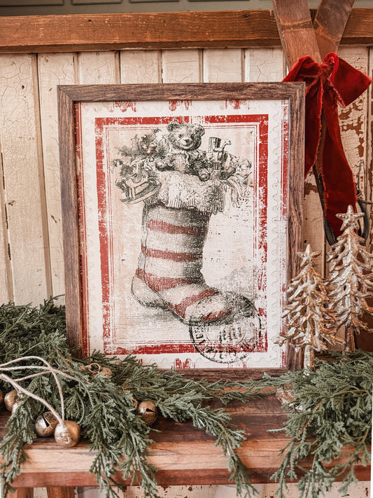 Vintage Christmas Stocking Stamp Wood Sign