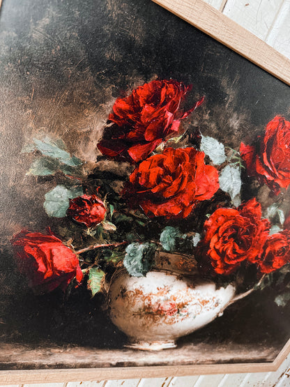 Red Roses in Vintage Vase Wood Sign