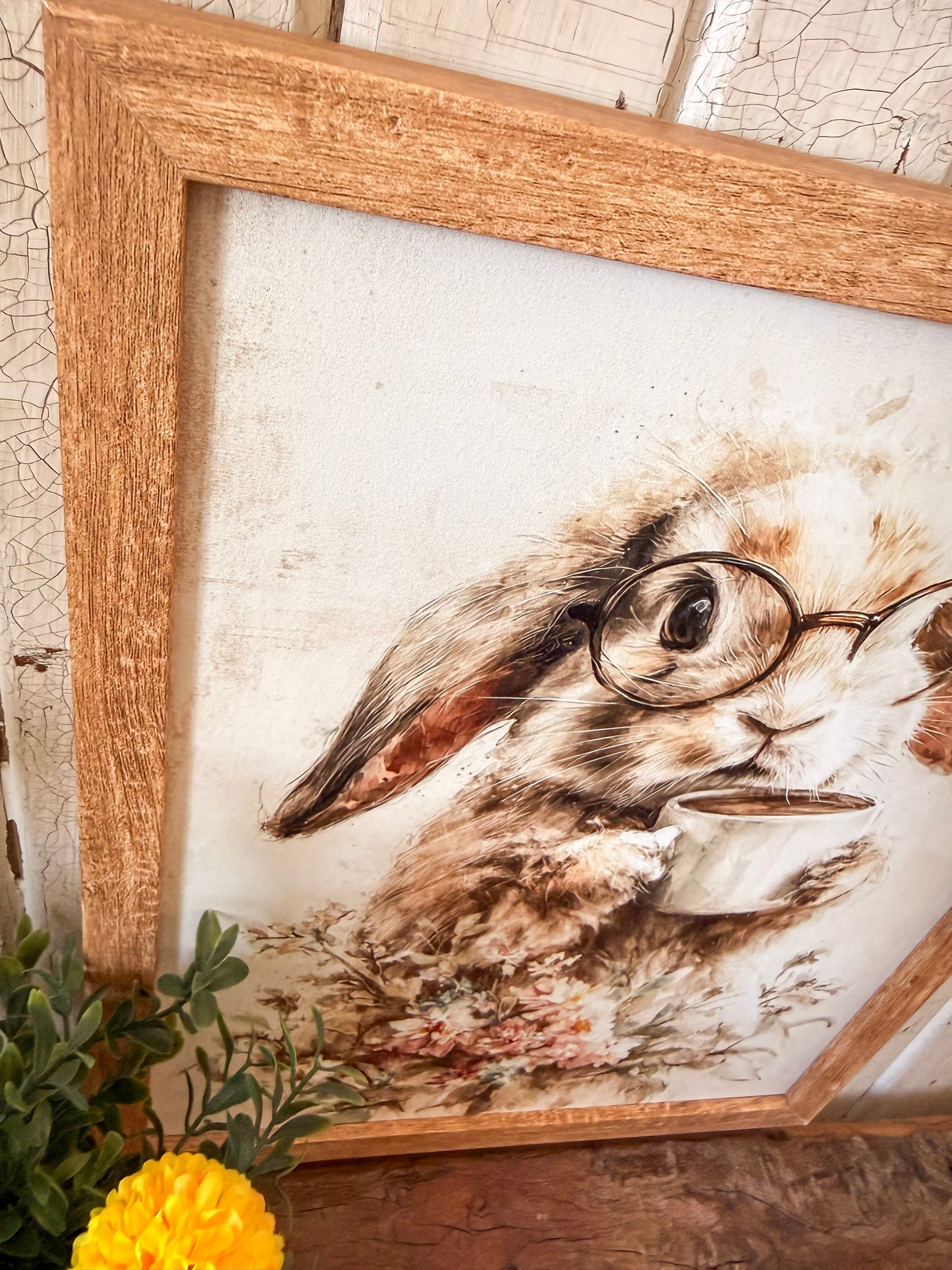 Bunny with Glasses & Coffee Cup Wood Sign