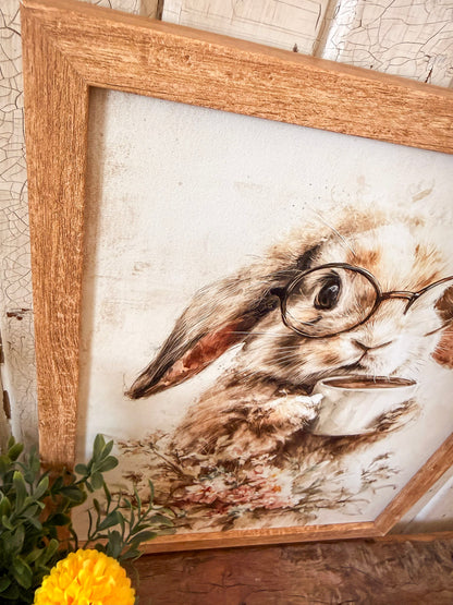 Bunny with Glasses & Coffee Cup Wood Sign