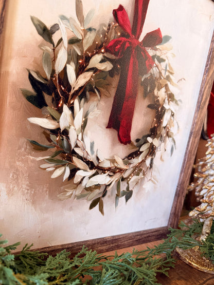 Christmas Wreath with Red Bow Wood Sign