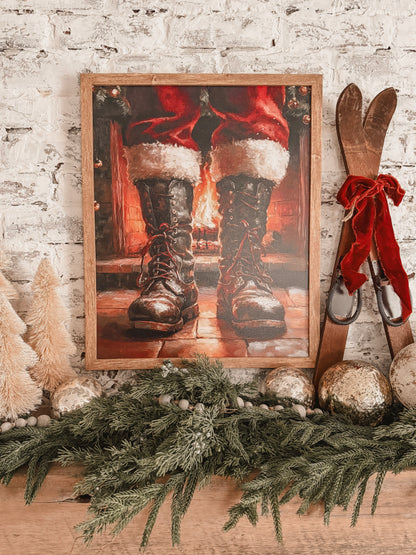 Santa Boots by Fireplace Wood Sign