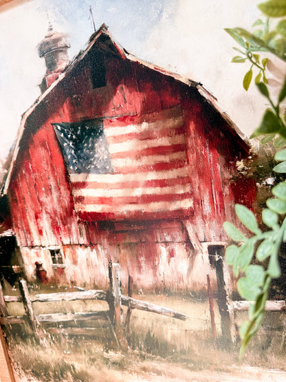 Red Barn with American Flag Wood Sign