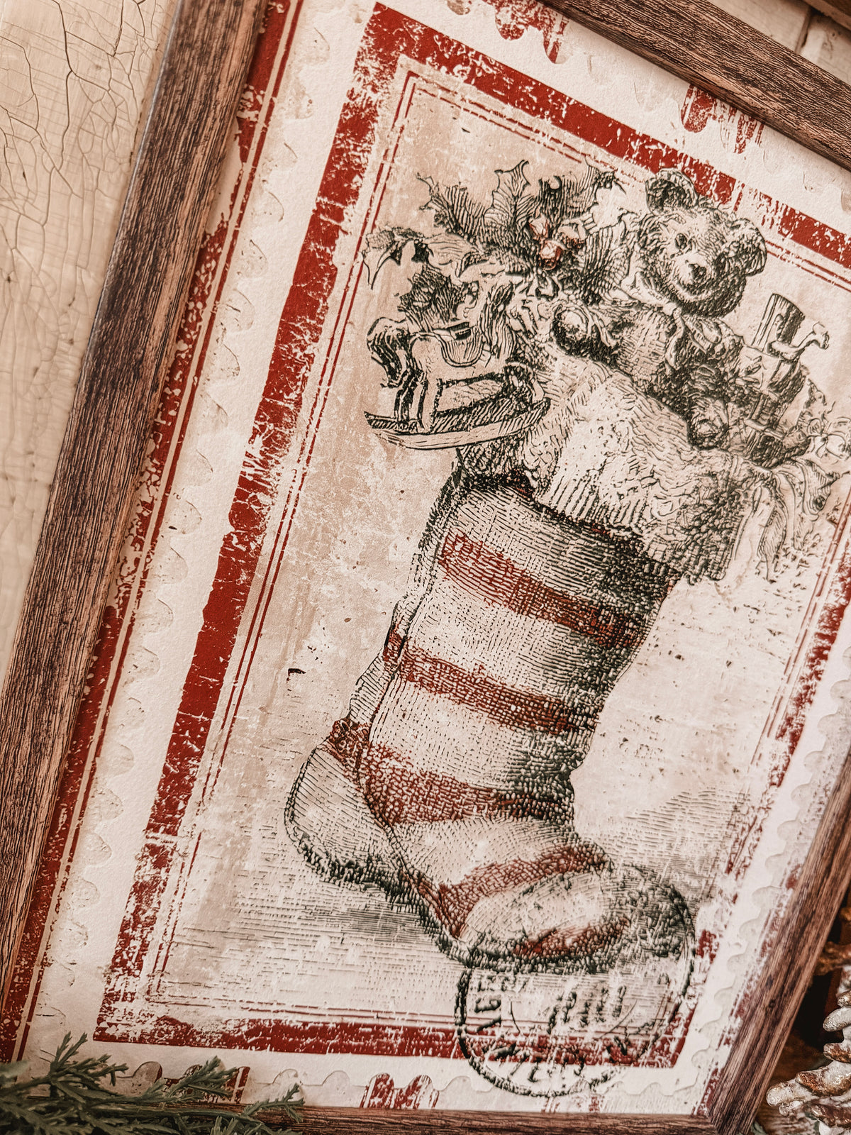 Vintage Christmas Stocking Stamp Wood Sign
