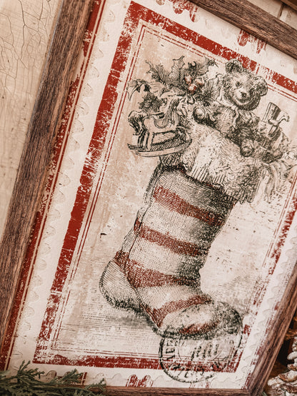 Vintage Christmas Stocking Stamp Wood Sign